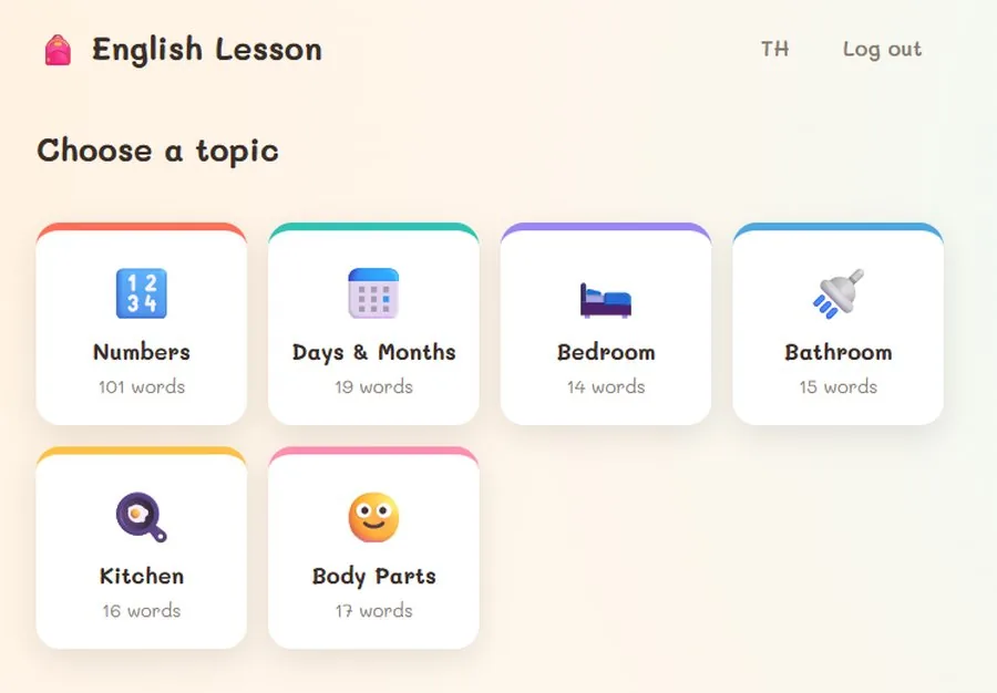 English Lesson app topic selection screen